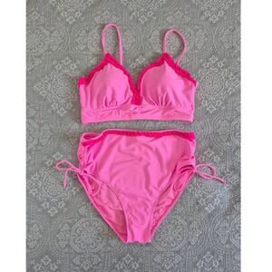 Herseas Pink Ruffle High Waisted Two Piece Bikini Set Size XL Neon Swimsuit